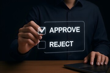 concept of digital approval, decision-making, and document workflow in a modern business environment. It visually conveys a quick and efficient process for reviewing and authorizing tasks or documents