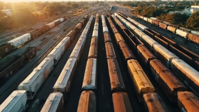 Aerial View Of Many Cargo Train Cars In Parallel Tracks And Golden Sunlight Shines On Them With Trees In The Background