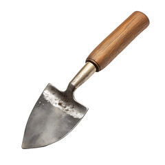 Rustic garden trowel with a wooden handle, perfect for planting and digging. Isolated on transparent white background, png	
