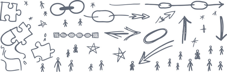 Hand drawn sketchy elements puzzle pieces stick figures arrows and chain links on white background vector