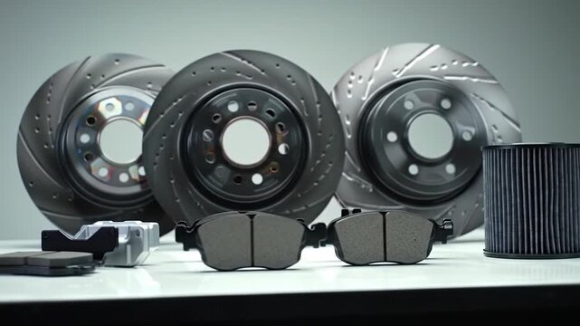 Detailed Car Parts with Brake Discs Pads and Filters on White Tabletop for Automotive Maintenance and Repair Services