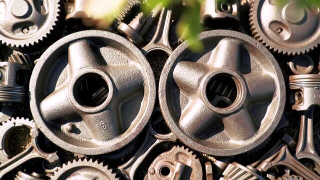 Detailed Metallic Mechanical Parts Arrangement Featuring Gears and Engine Components Under Natural Light