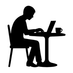 Silhouette of a person working on a laptop at a table with a coffee cup