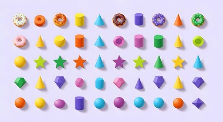 Photo of colorful geometric shapes arranged in rows on a light purple background