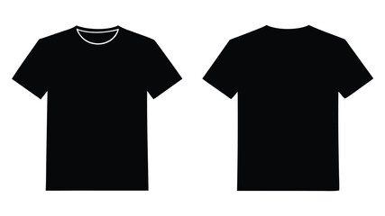 Front and back view of plain black t-shirt on white background