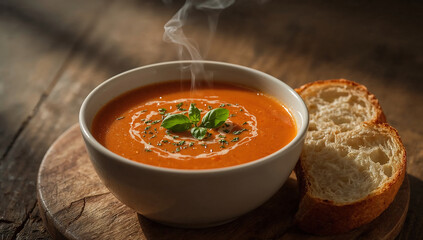 Photo of a bowl of steaming tomato soup with fresh basil garnish served with a slice of crusty bread on a wooden board