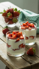Two glasses of yogurt with strawberries on wooden table