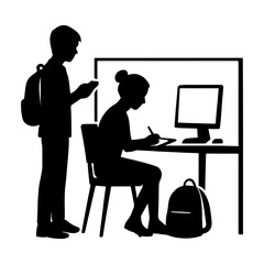 Two students in silhouette studying at a desk with a computer and backpacks