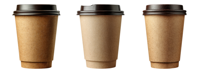 Set of three isolated coffee cups on transparent background