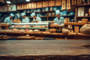 Rustic wooden counter with blurred traditional Japanese sushi bar and chefs in background, ideal for culinary display or restaurant branding
