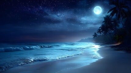 Serene Moonlit Beach with Gentle Waves and Lush Palm Trees at Night