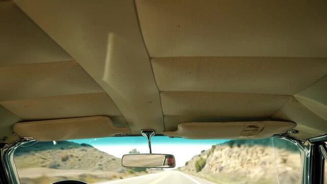 Vintage Vehicle Interior View on Sunny Road Trip with Beige Roof and Dashboard Rearview Mirror and Winding Highway Through Hilly Landscape