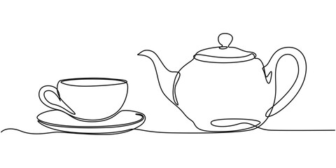 Teapot with cup of tea. Continuous line drawing, Teapot pouring tea into cup in continuous one line drawing, minimalist kitchenware vector illustration, Teapot in continuous one line drawing