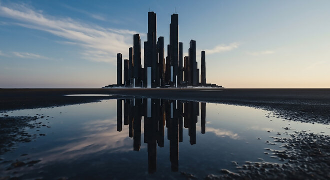 Surreal futuristic cityscape with dark monolithic towers reflected in still water under a beautiful twilight sky.