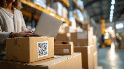 A worker in a modern warehouse uses a laptop to manage inventory. A QR code on a box is visible, symbolizing use of technology for efficient logistics and tracking in contemporary distribution center