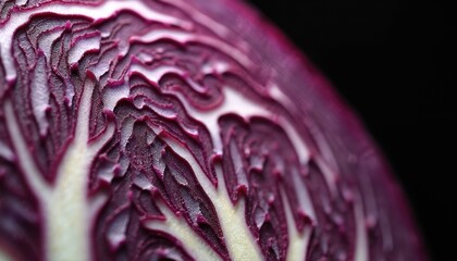 Obraz premium Macro view of red cabbage cross-section intricate patterns, textures. Vibrant purple concentric layers, creamy white veins create striking abstract design against dark, black background. Perfect for