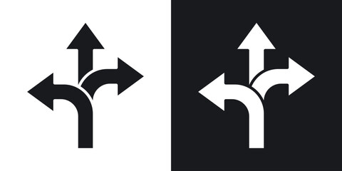 Three directions icon in black and white glyph versions