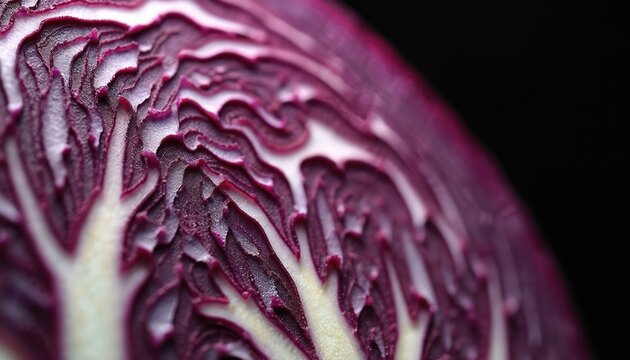 Macro view of red cabbage cross-section intricate patterns, textures. Vibrant purple concentric layers, creamy white veins create striking abstract design against dark, black background. Perfect for