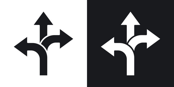 Three directions icon in black and white glyph versions