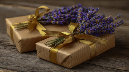Brown kraft paper gift wrapped with purple lavender sprigs and tied with a gold ribbon, elegant eco-friendly packaging,