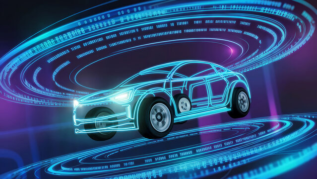 Futuristic car design with digital interface and holographic elements showcasing innovation in the automotive industry for cutting edge technology and transportation solutions - Powered by Adobe
