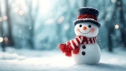 Fototapeta premium Joyful snowman with a striped scarf and top hat in a magical winter forest with soft bokeh lights.
