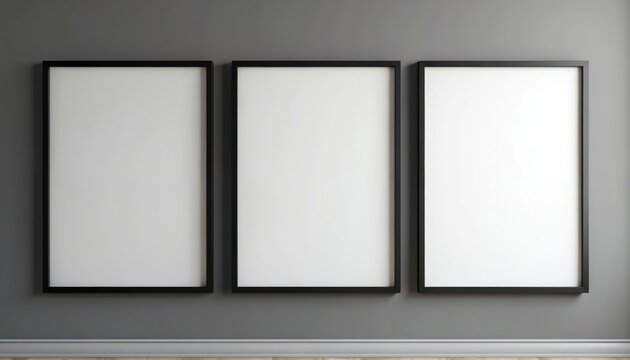 Three empty black framed posters displayed on plain grey wall. Minimalistic composition suggests modern gallery home interior design, offering clean canvas for artwork custom graphics. Subtle shadows