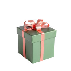 Obraz premium A classic green gift box tied with a beautiful peach ribbon and bow presented isolated on transparent background