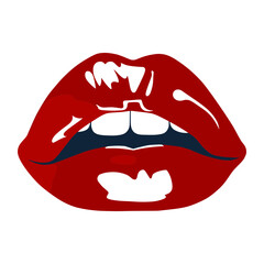 Female red glossy lips. Opened sensual sexy mouth. Mouth pop art style concept. Vector illustration for fashion, beauty, makeup design