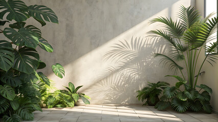 Obraz premium Sunlight and shadows play on textured wall with tropical plants
