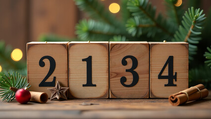 vintage wooden sign features bold numerals set warm rustic holiday backdrop adorned pine branches scattered cinnamon