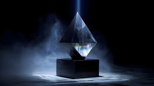 Dramatic Dark Futuristic Geometric Crystal with Blue Light Beam and Ethereal Smoke on Black Background