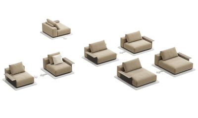 Modern beige fabric upholstery module system sofa with pillows. 3d render.