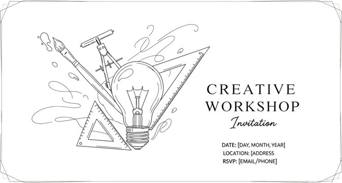 Creative workshop invitation with light bulb and drawing tools