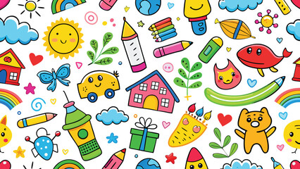 Colorful Kids Crayon Doodle Seamless Pattern with Cute Hand Drawn Elements Including House, Rocket, Cat, Dog, Sun, Rainbow, Flowers, Trees, and Fun Icons – Playful Vector Illustration for Children’s D