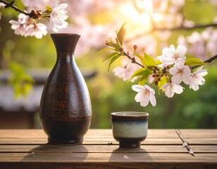 Sake set, cherry blossoms, sunlight
