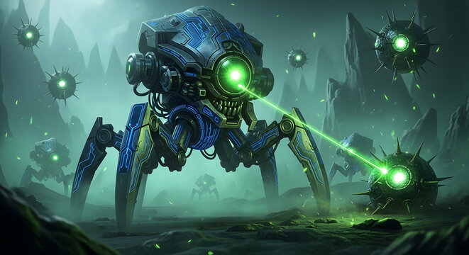 Menacing robot machine with laser eyes in a dark, futuristic landscape