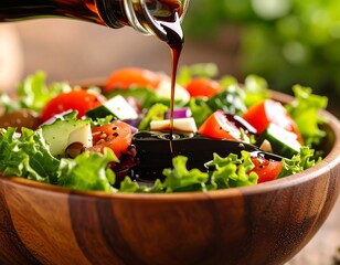 Salad dressing poured over mixed greens