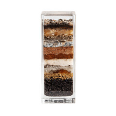 Stratigraphy soil sample in transparent box. Isolated white background. Png format