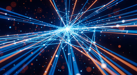 Obraz premium Abstract blue lines converging on a central point with bokeh lights in background