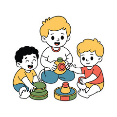 Three happy children playing together with toys