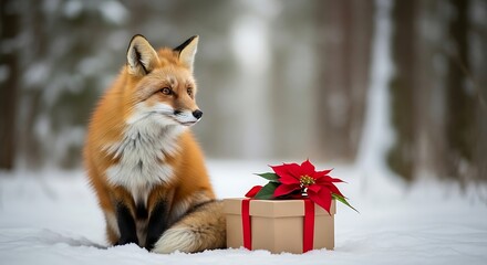 A charming red fox sits in the snow beside a christmas gift with a red poinsettia flower