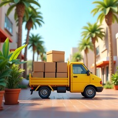 Fototapeta premium Yellow Delivery Truck with Packages in a Tropical City Setting 