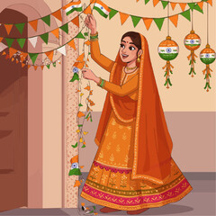 Indian Woman Decorating for Independence Day &ndash; Vector Illustration
