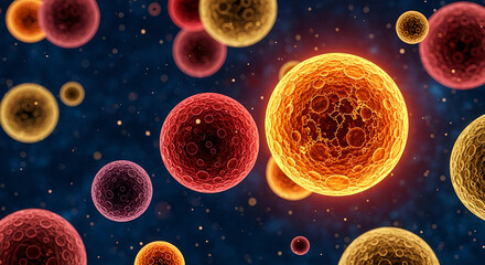 Vibrant microscopic view of glowing spherical cells with intricate textures and luminous interiors against a dark background