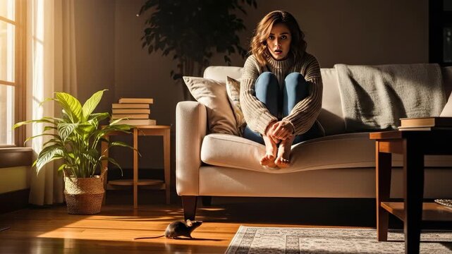 Woman's Reaction to a Mouse Sighting in the Living Room, Terrified Woman on Couch Confronted by a Tiny Rodent