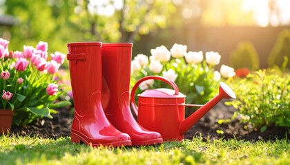 Red gardening boots and watering can beside flowers