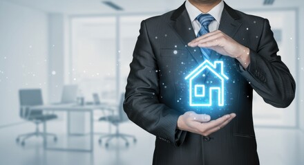 A professional in a suit holding a glowing house icon, symbolizing real estate protection and security