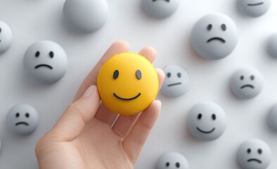 Obraz premium A hand holds a cheerful yellow emoticon surrounded by gray sad faces
