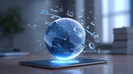 Holographic representation of the earth with digital mail icons.